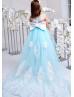 Illusion Neck Blue Lace Tulle Long Flower Girl Dress